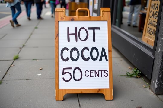 Wooden sign advertises hot cocoa for fifty cents