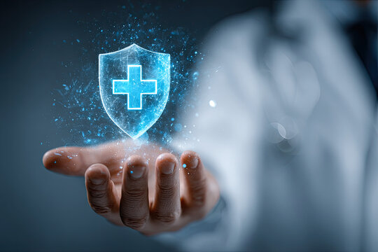 The doctor&rsquo;s hand holding a virtual blue shield with a medical cross. Health insurance, safety, and the concept of virus protection. Future medical technology to protect patients&rsquo; lives.