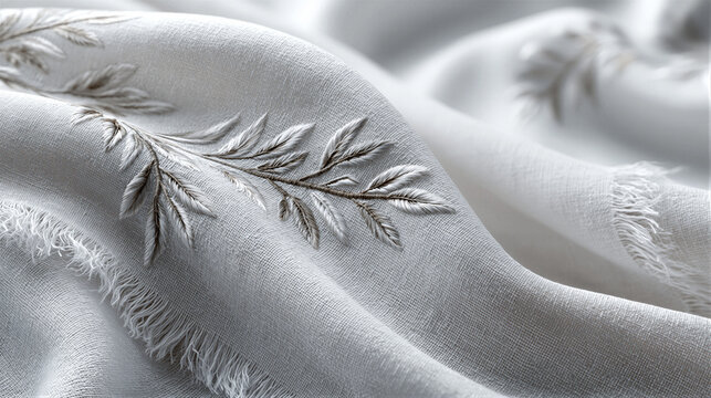White fabric banner with embroidered olive branches and delicate fringe on a luminous backdrop. Soft lighting highlights textile texture. Right copy space suits peace campaigns and NGO branding.