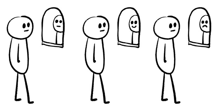 hand drawn stick figure looking in the mirror. self image. checking appearance. personal development. gesture. pose. posture. body language.