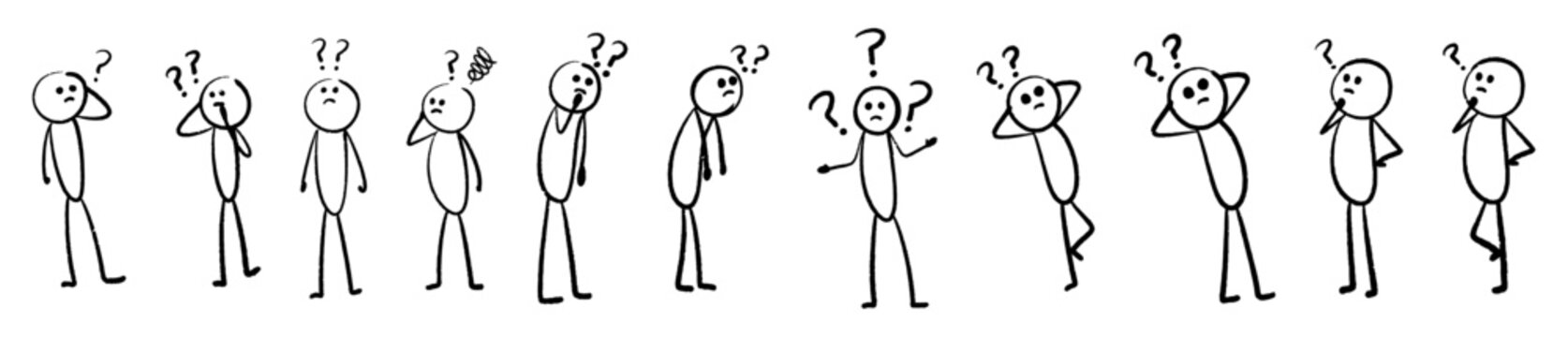 set of hand drawn confused stick figure thinking. man wondering. person questioning. gesture. pose. posture. body language.