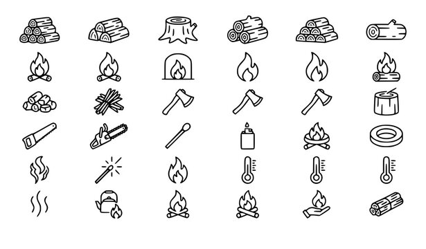 Firewood and Fire Icons Collection Black and White Vector with Logs Flames and Campfire
