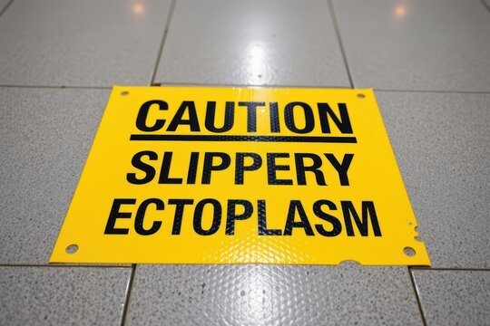 Yellow caution sign warns of slippery ectoplasm
