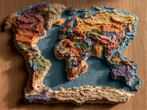 Top-down flat-lay of a vibrant torn paper world map on light oak desk. Handmade continents with fiber textures and soft shadows. Right copy space for text, ideal for global business.
