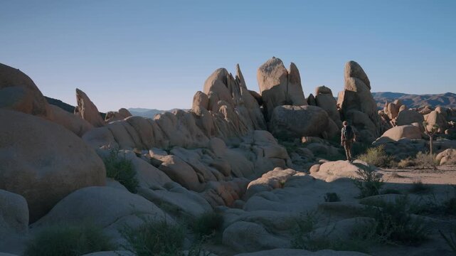 Jagged granite rock spires rise above boulders and a yucca plant under a clear blue sky.