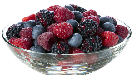 Mixed berries including raspberries blueberries, and blackberries in a glass bowl © Isadora