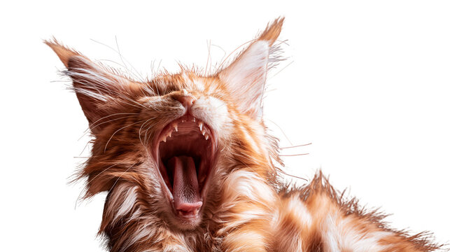Orange Maine Coon cat yawning wide showing sharp teeth and pink tongue