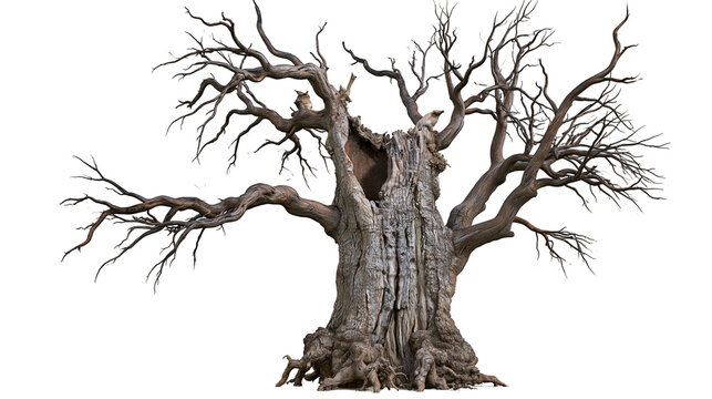 Ancient gnarled dead tree with hollow trunk and bare branches