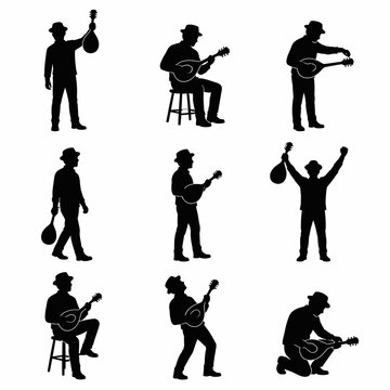 Silhouette collection of a man with a hat playing mandolin in nine various poses like sitting, standing, and tuning, isolated on a clean white background.
