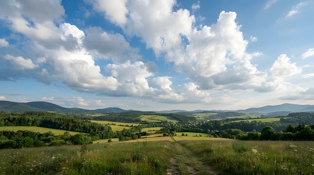 Scenic countryside landscape featuring rolling green hills and large white