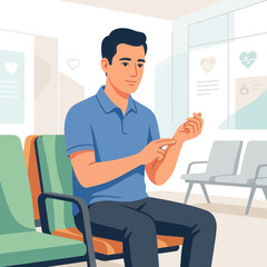 Fototapeta premium Man sitting in waiting room, examining his arm, healthcare concept illustration
