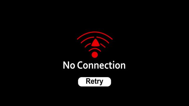 No internet connection warning icon animation on black background on motion graphics of WiFi signal loss concept .4k
