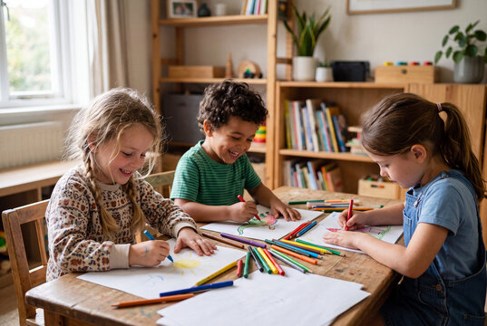 Happy Children Drawing Together at Home During Creative Learning Activity
