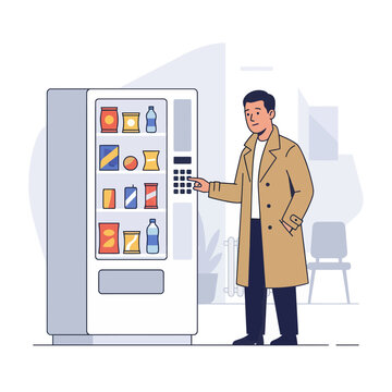 Man in Trench Coat Buying Snacks from a Vending Machine - Flat Design Illustration