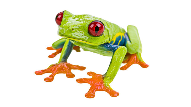 Green red-eyed tree frog with orange feet on white