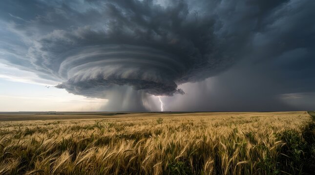 Severe supercell storm over agricultural field with lightning bolt, supercell