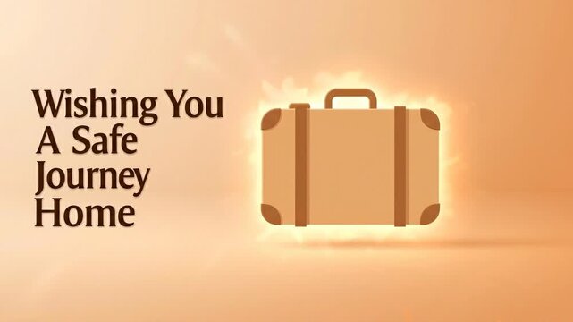 Warm glowing luggage icon with text wishing a safe journey home on a soft peach background