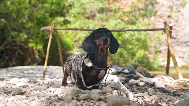 A black and tan dachshund dog in a leopard print costume taps its paw on a rock beside a wooden rack holding a bone, a concept of primitive survival at a rocky riverside campsite.