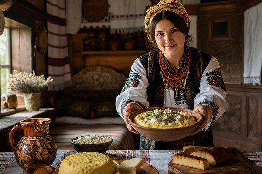 Authentic Carpathian local-flavours concept featuring a Hutsul woman serving traditional banosh in a mountain home, blending regional food, folk craftsmanship and cultural identity in a premium editor