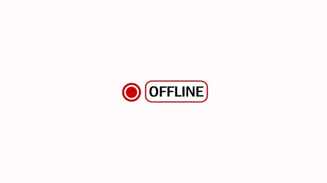 Abstract screen showing a small red blinking dot beside the OFFLINE text animation on white background. Red dot Offline status button indicating an inactive or disconnected status animation concepts