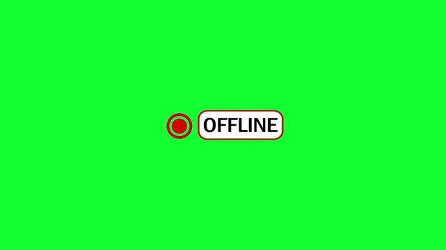 Abstract screen showing a small red blinking dot beside the OFFLINE text animation on green background. Red dot Offline status button indicating an inactive or disconnected status animation concepts