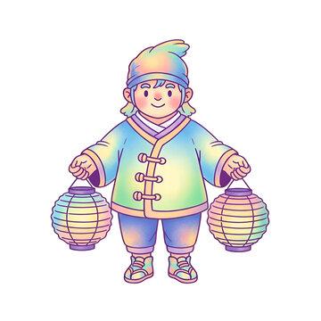 Cute character holding paper lanterns vector illustration