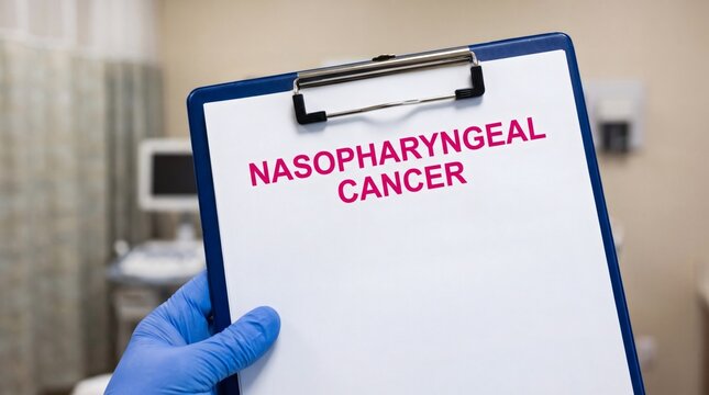 Doctor Holding Clipboard with Nasopharyngeal Cancer Diagnosis in Medical Office.