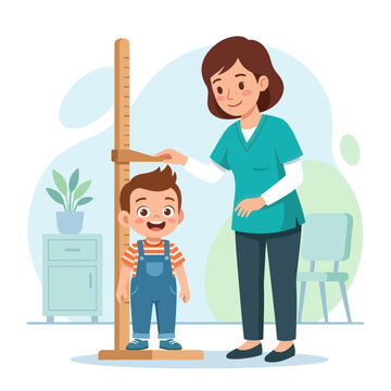 Pediatrician measures child's height on stadiometer in clinic, symbolizing growth and healthcare.