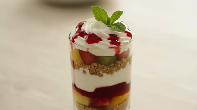 Tall parfait glass with yogurt, granola, mixed fruit, whipped cream swirl, mint garnish, and berry sauce against warm soft background, highlighting creamy layers and fresh dessert appeal