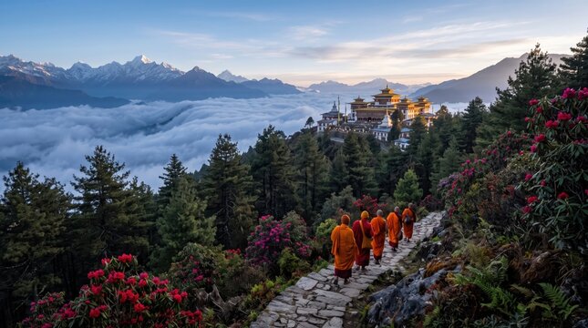 Monks walking along stone mountain path toward hilltop monastery at sunrise, forested ridge with rhododendron blooms and low clouds evoking peaceful pilgrimage scene