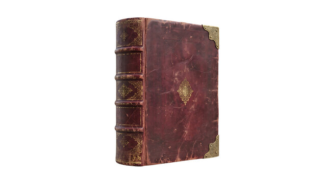 Ancient leather bound book with gold embossed cover details isolated on transparent background vintage library object weathered fantasy diary antique tome 3d render.