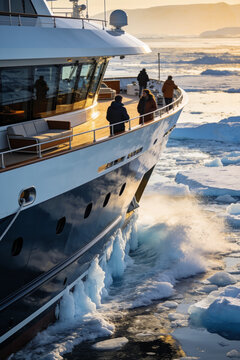 Large luxury expedition yacht cruising through icy arctic waters during a beautiful golden sunset hour light
