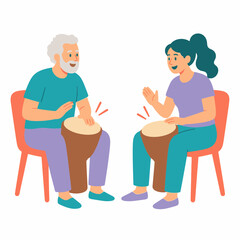 Obraz premium Flat vector illustration of a senior man with a beard and a young woman playing African djembe drums while sitting on red chairs, isolated on a white background.
