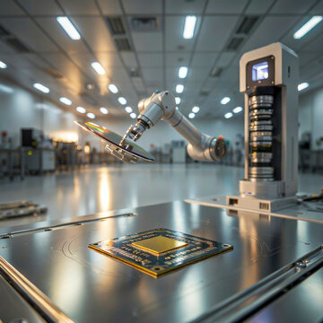 Advanced robotic arm manufacturing microchips in a high-tech cleanroom semiconductor facility