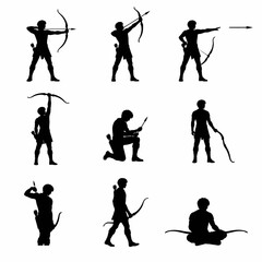 Naklejka premium Set of nine black vector silhouettes of a male archer in diverse poses including aiming, shooting, kneeling, walking, and sitting with a traditional recurve bow and arrow quiver.
