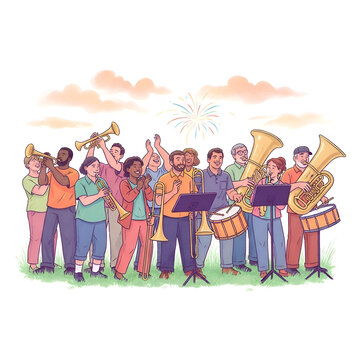 Diverse brass band playing music with fireworks