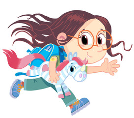 girl with a school bag on her back runs and carries a unicorn