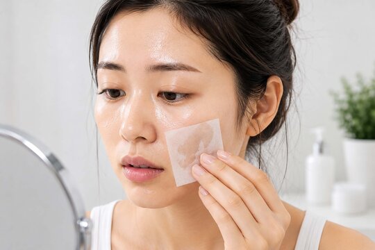 Young Asian woman checking excess facial oil with blotting paper in a bright bathroom. Oily skin, sebum control and daily skincare routine concept with copy space.