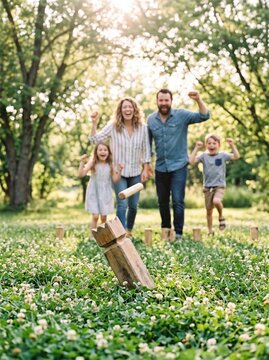 Excited family cheering while playing wooden throwing game together on green backyard lawn, representing outdoor fun, family bonding, summer leisure and active recreational lifestyle.