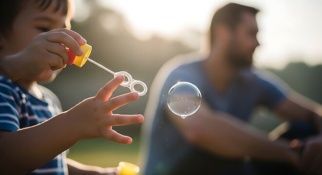 Young Child Blowing Bubbles with Bubble Wand Outdoors