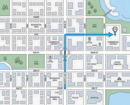 Aerial View of City Streets Navigation Route with Blue Arrow Showing Direction to Destination Marked with Map Pin Icon