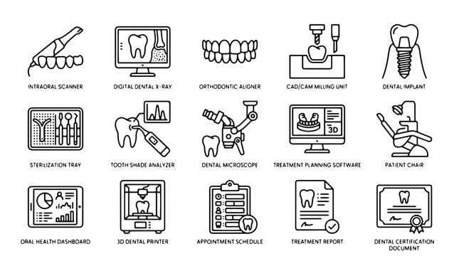Modern dental technology icons set, 15 professional dentistry equipment line vectors, digital stomatology clinic symbols for medical software