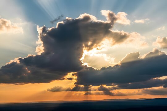 Dramatic sun rays breaking through clouds at sunset, golden hour light, atmospheric backlit sky, orange and blue horizon, inspirational background texture