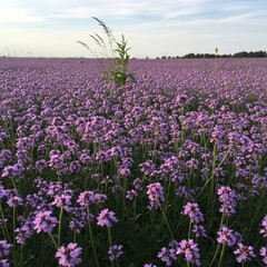 Obraz premium Vast Field of Purple Flowers Under a Soft Sky.