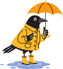 Obraz premium Cute Raven Holding Umbrella in Yellow Raincoat