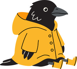 Obraz premium Cartoon Crow Resting in Bright Yellow Rain Jacket