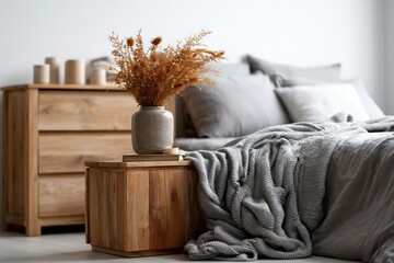 Fototapeta premium Modern minimal bedroom interior with wooden furniture