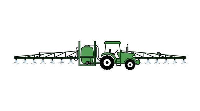Green agricultural tractor with wide boom sprayer attachment