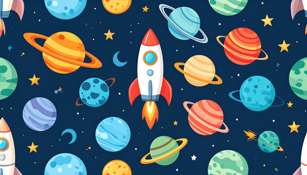 A vibrant cartoon illustration of a rocket launching into a starry outer space filled with many colorful planets and celestial bodies.