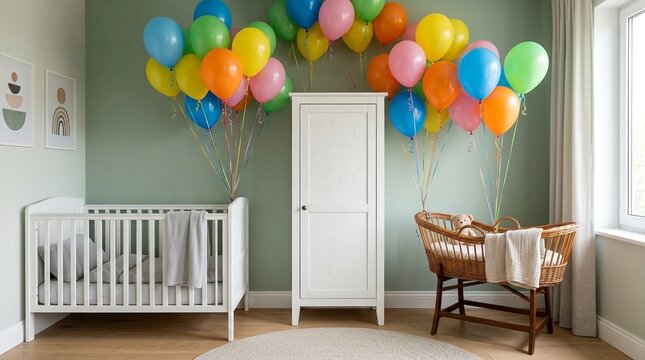 Brightly colored balloons decorate a cheerful nursery with a baby crib and bassinet